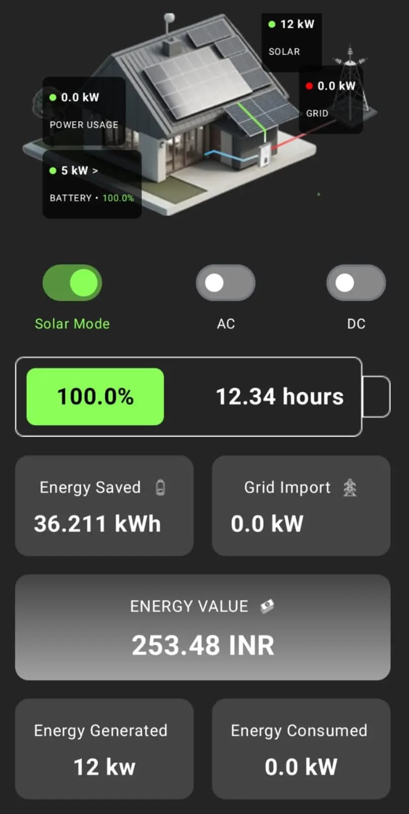 Solset Smart App dashboard